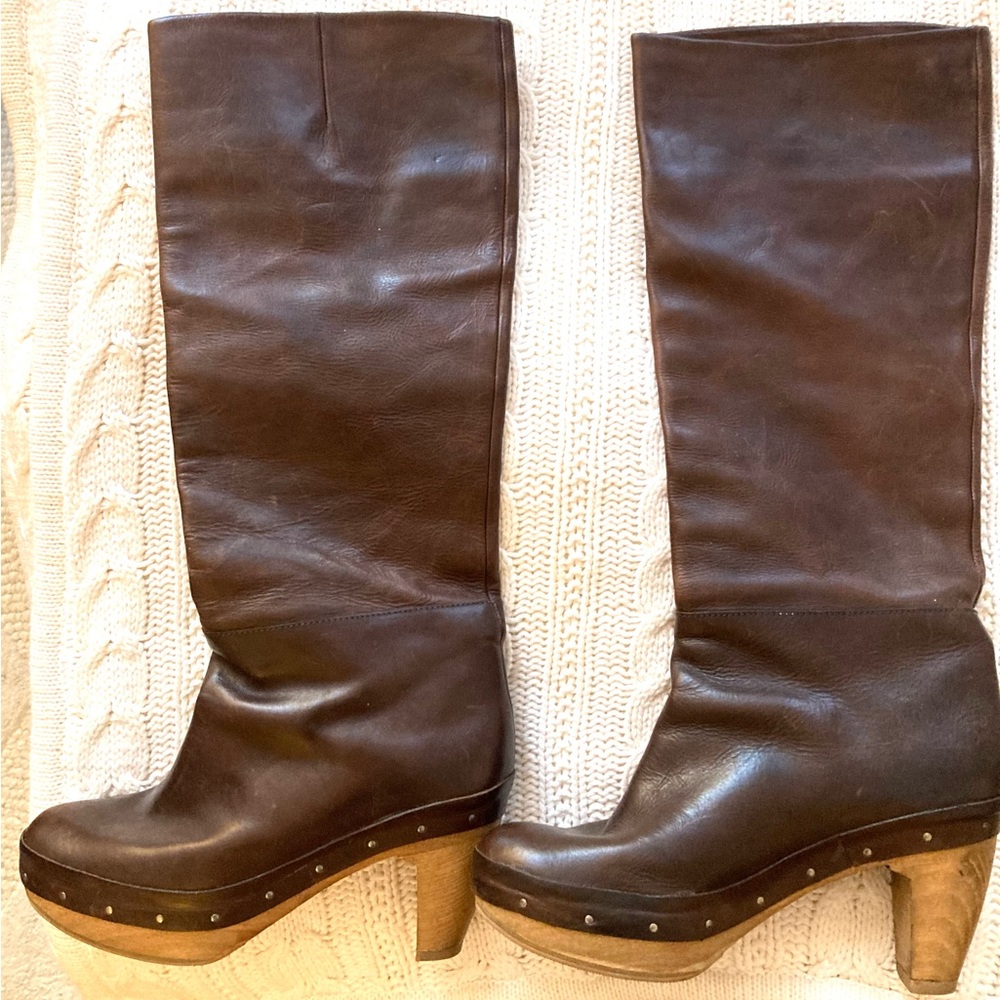Marni, women’s, tall, brown leather, clog soled boots
